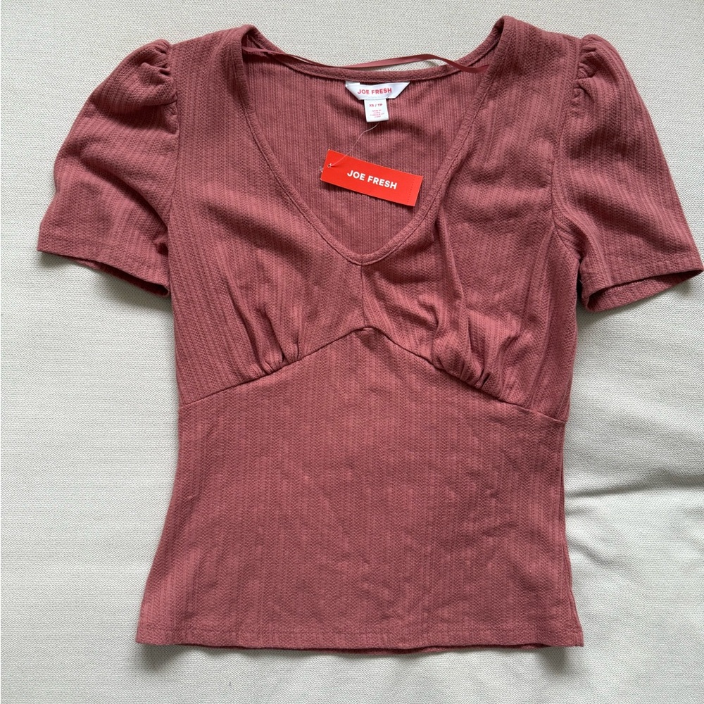 Joe Fresh Women's Mauve Ribbed V-Neck Puff Sleeve Top